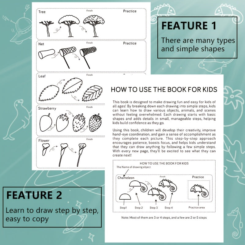 Зеленая книга для рисования для детей от 3 лет и старше с более чем 300 пошаговыми иллюстрациями динозавров и лягушек, спиральный переплет, образовательная художественная игрушка