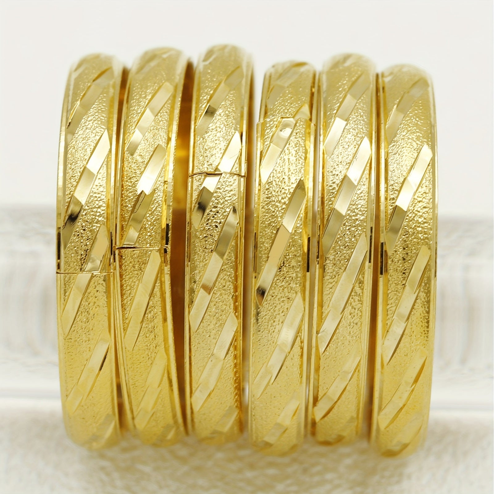 Set of 6 Gold Plated Copper Bangles for Women Adjustable Diagonal Pattern Wedding Gift