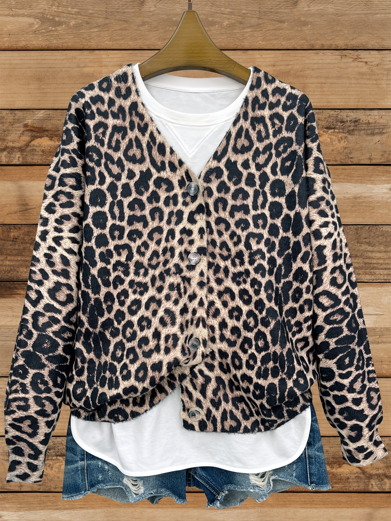 Plus Size Women's Leopard Print Cardigan V-Neck Long Sleeve Fall Winter Knit Sweater