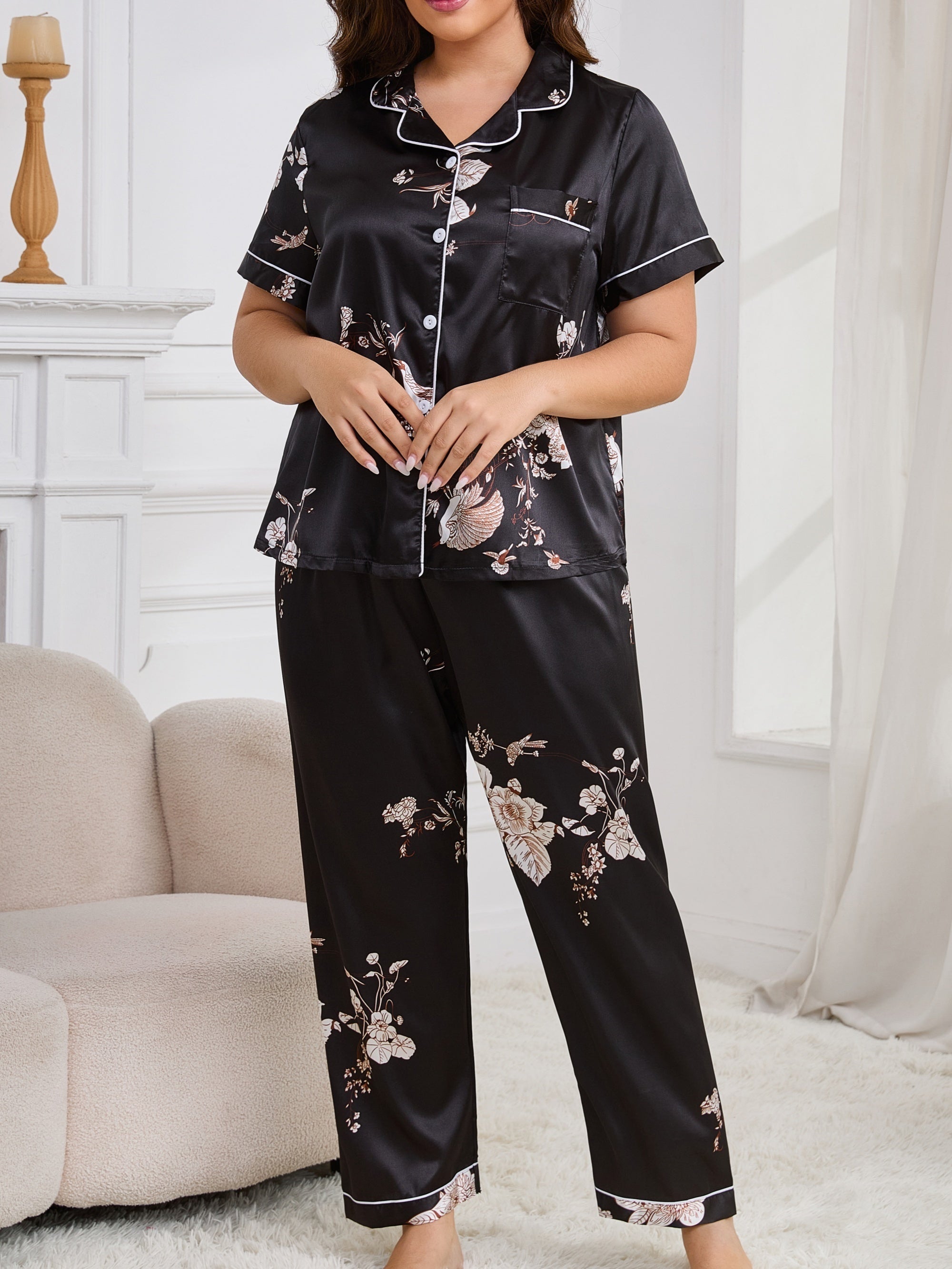 Women's Plus Size Satin Floral Print Pajama Set Short Sleeve Long Pants