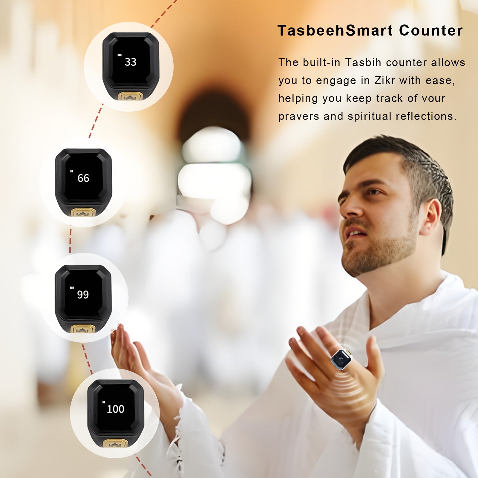 Black Smart Zikr Ring with 0.49 Inch Display Wireless Prayer Counter Compass and App Control