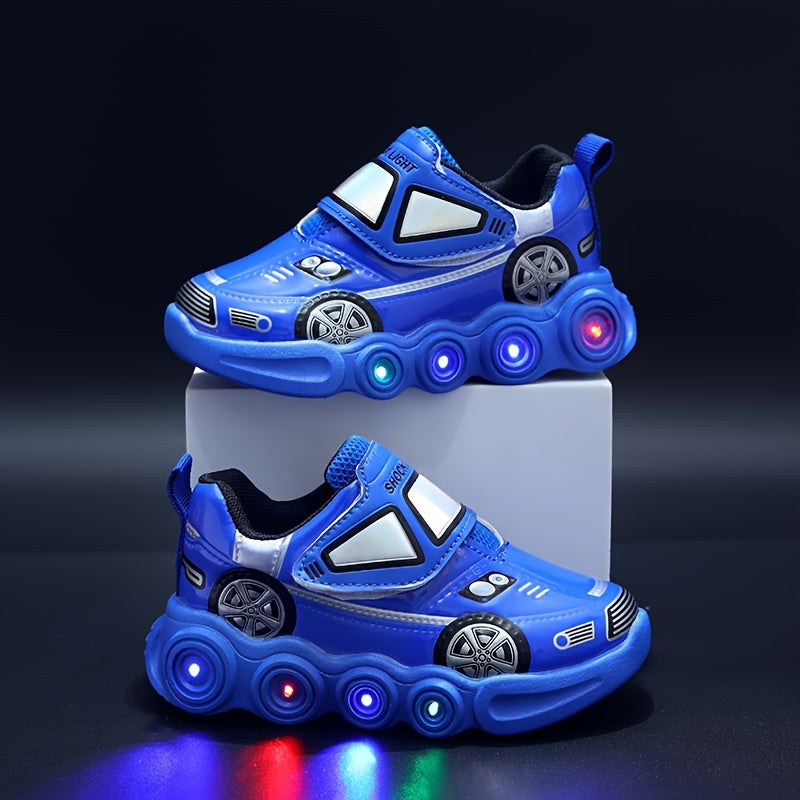 Kids LED Light-Up Sneakers Blue Red Car Design Anti-Slip Casual Sporty Shoes for Boys Girls