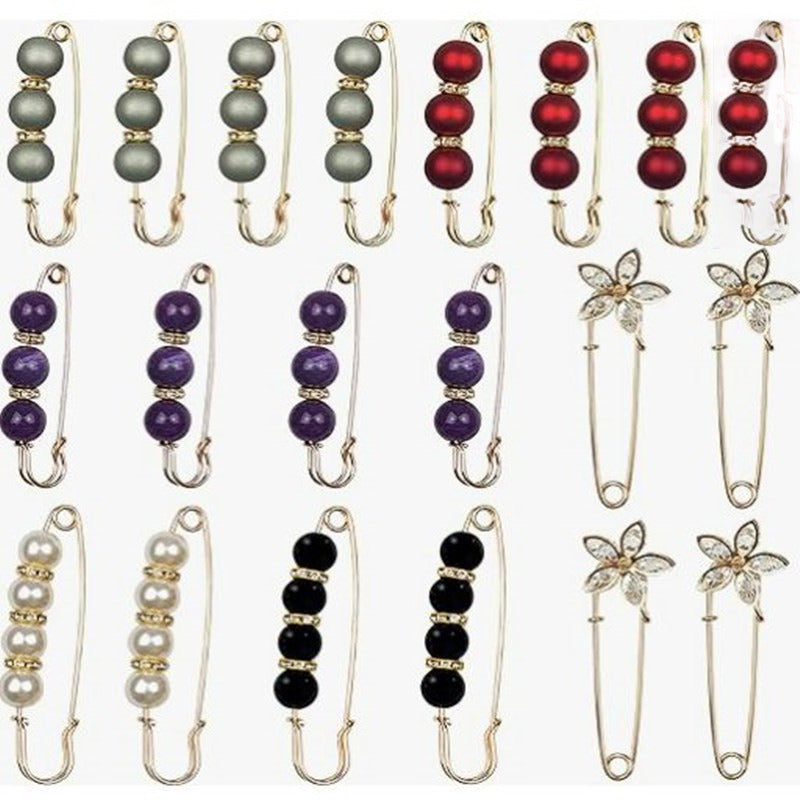 Ladies and Girls Imitation Pearl Brooch with 7-Piece Anti-Exposure Hat Clip Collar Pin