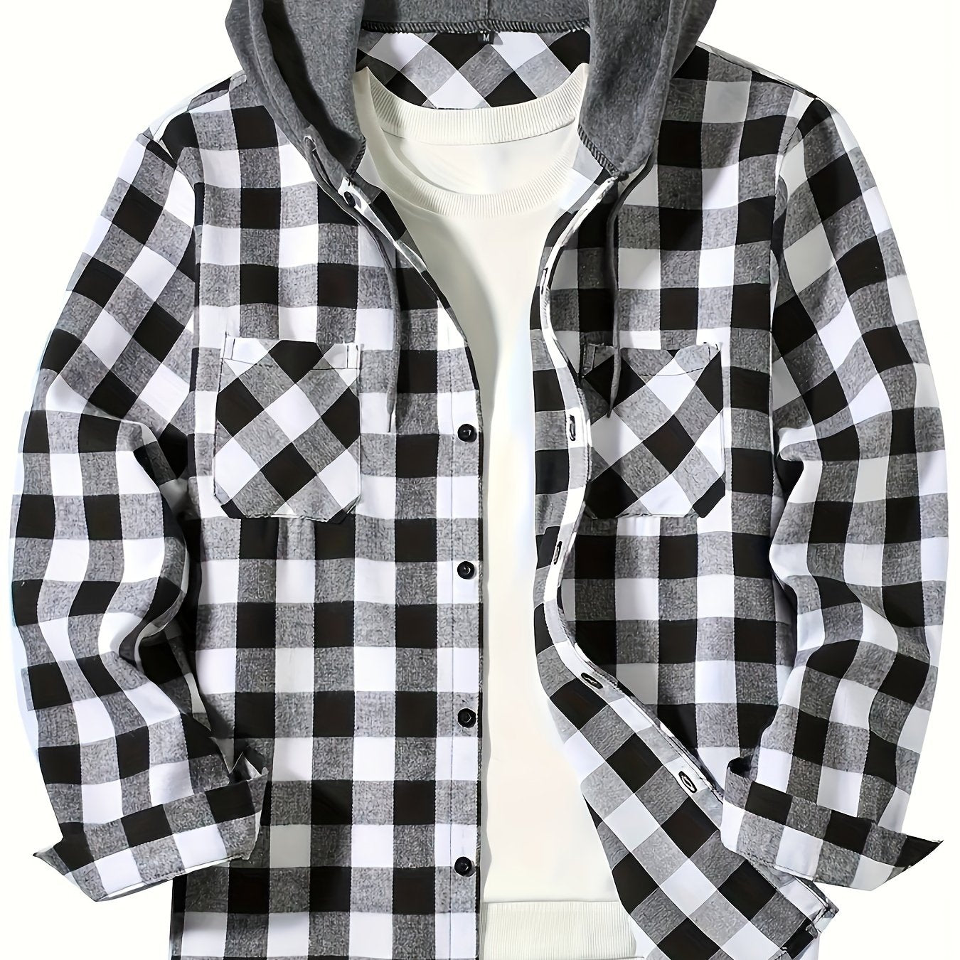 Men's Plus Size Plaid Hooded Shirt Long Sleeve Casual Loose Fit Spring Fall