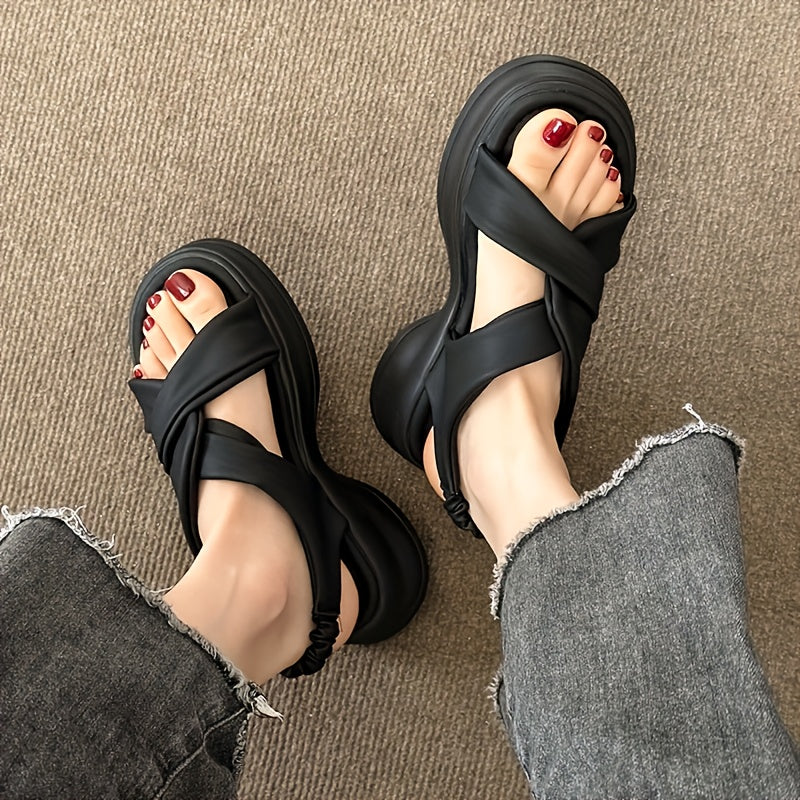 Women's Open-Toe Slip-On Platform Sandals Cushioned Mid-Heel Black White