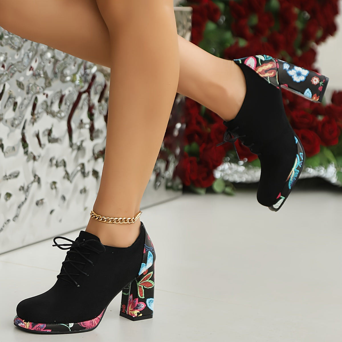 Women's Ankle Boots Fabric Platform Lace-Up Chunky Heel Black Floral Navy Red