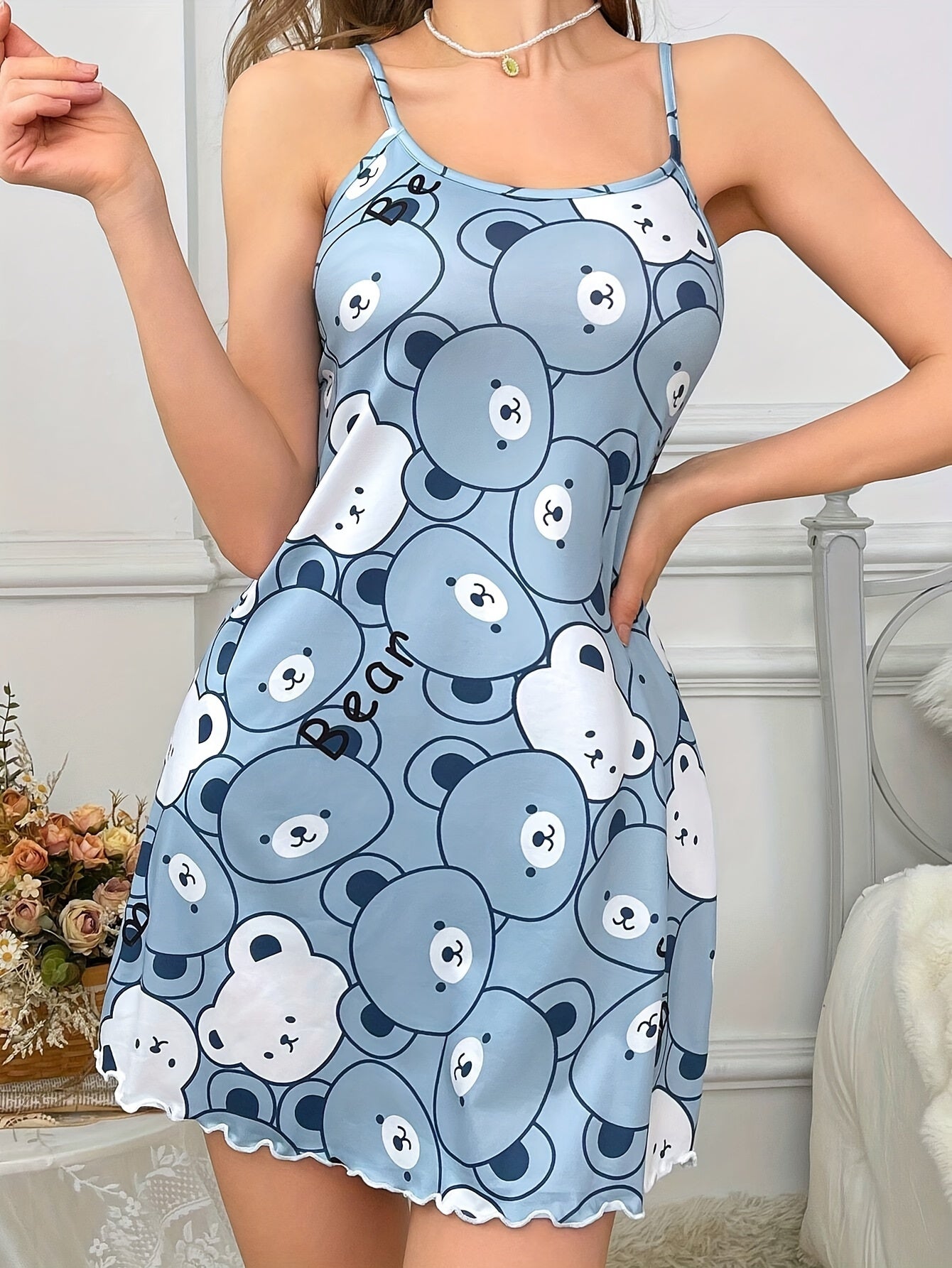 Women's Bear Print Nightgown with Lettuce Trim Backless Sleepwear