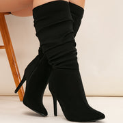 Women's Wide Fit Pointed Toe Stiletto Ankle Boots Black Fabric Shoes