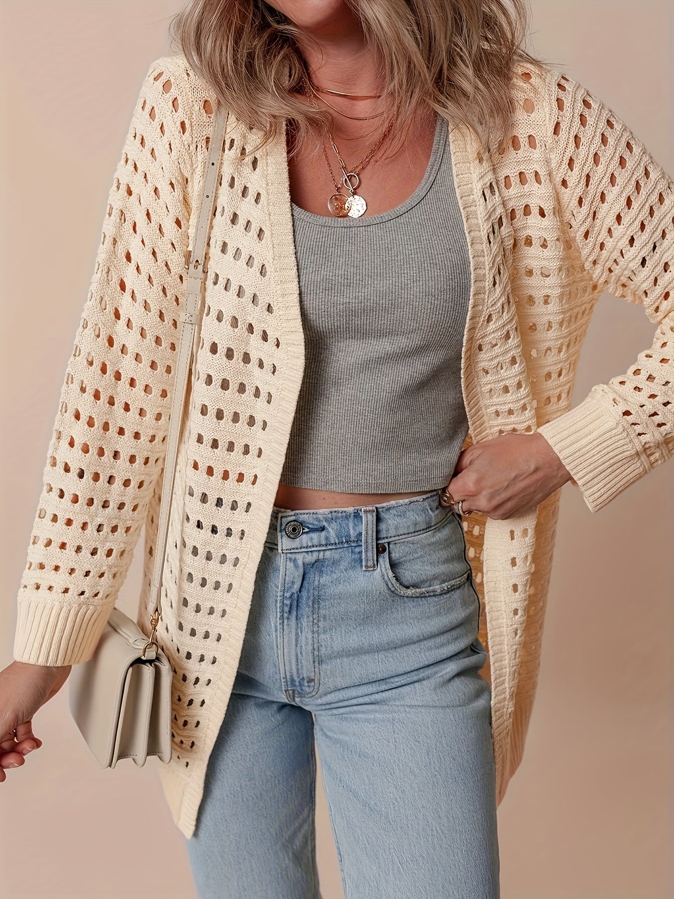 Women's Plus Size Beige Long Sleeve Hollow Out Beach Cardigan