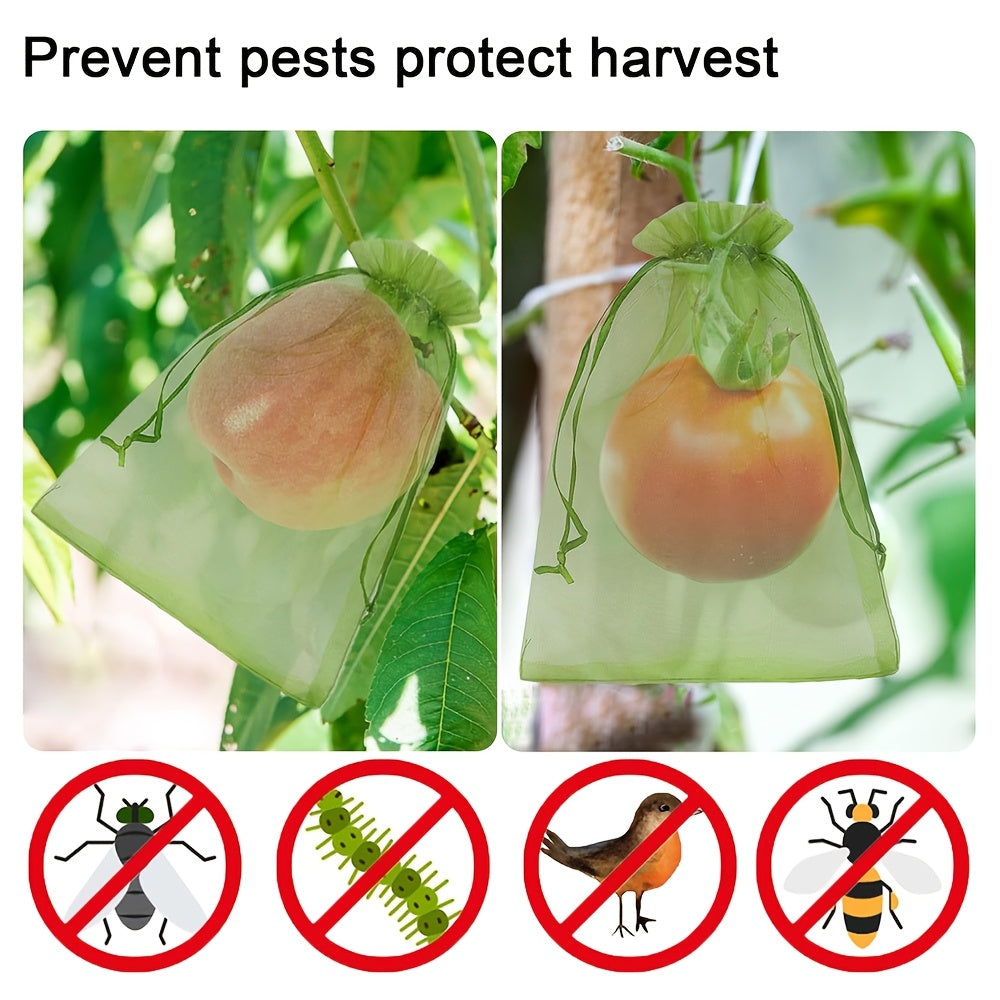 Green Breathable Mesh Fruit Protection Bags 100pcs with Drawstring for Grapes Strawberries Lemons