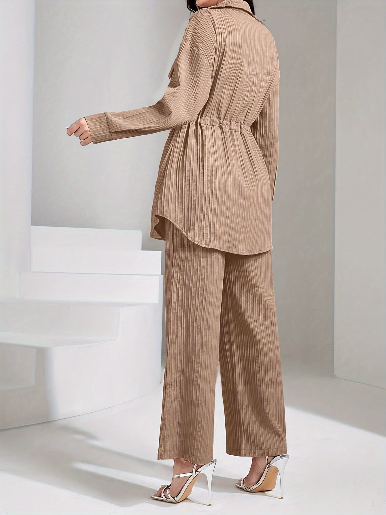 Women's Polyester Suit with Lapel Collar Solid Color Woven Fabric Long Sleeve Wide Leg Pants for Spring Fall