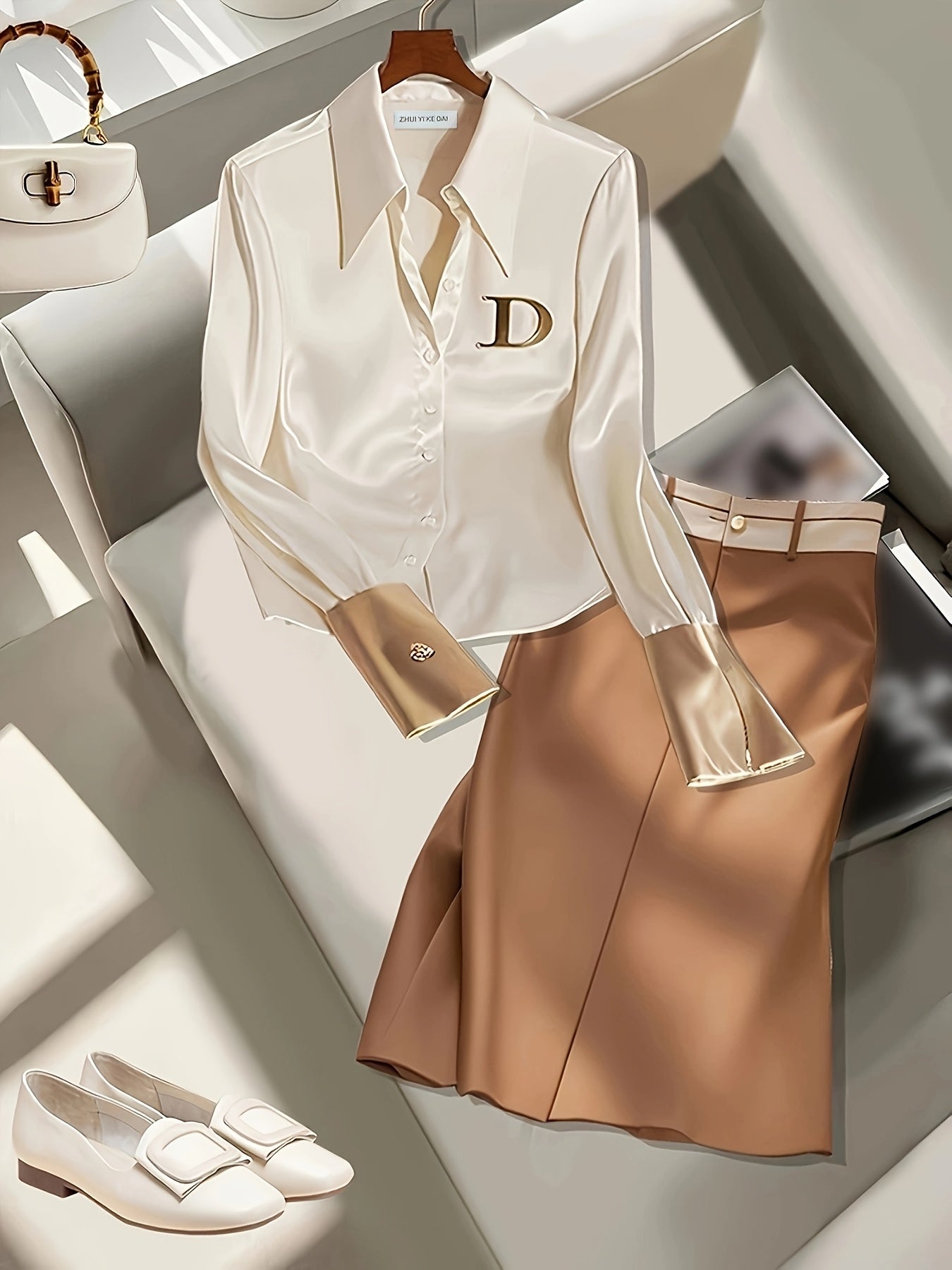 Women's Polyester Blouse with Wide Collar Alphabet Embellishments and Zipper Detail