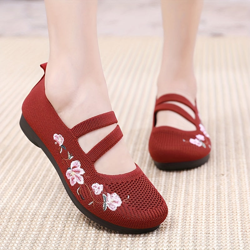 Women's Summer Casual Knit Flats Purple Red Embroidered Floral Lightweight Fabric Sole