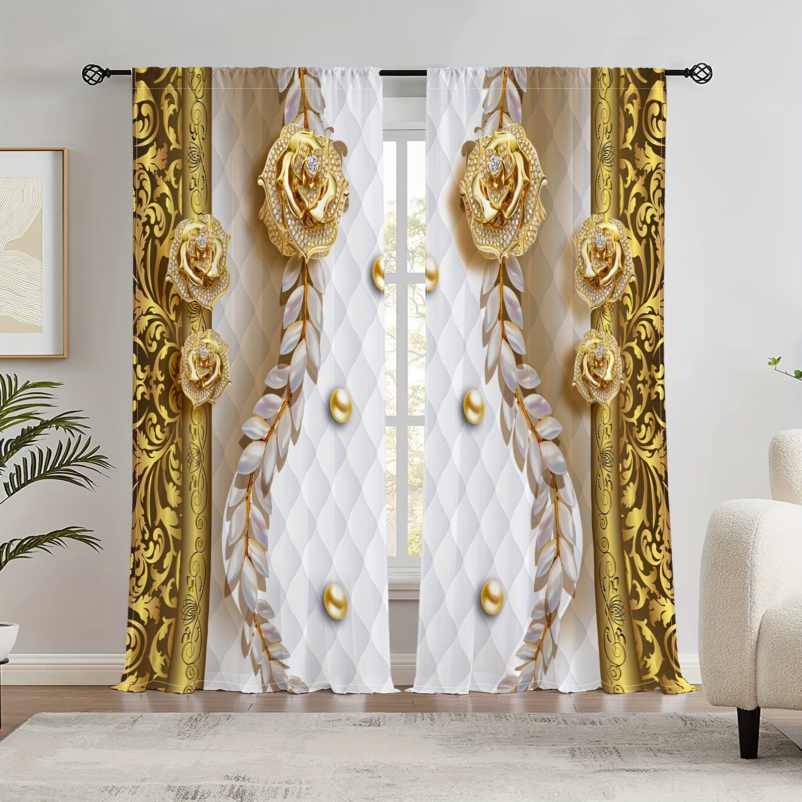 3D Golden Flower Semi Blackout Curtains Set for Bedroom Living Room Kitchen Office