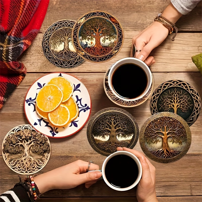 8pcs Wooden Coasters Tree of Life Artistic Design for Drinks Coffee Tea Home Restaurant