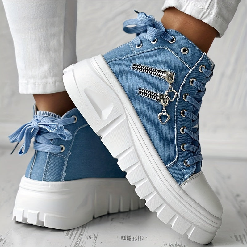 Zapatillas de mezclilla para mujer con cordones, plataforma, cremallera lateral, zapatos casuales