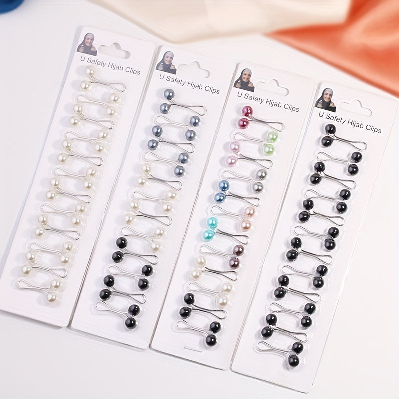 12 ta soxta marvaridli hijob pinlari to'plami, musulmon ayollar uchun U-shaklidagi xavfsizlik sharf kliplari, bosh sharf va shol uchun nafis brosh pinlari.