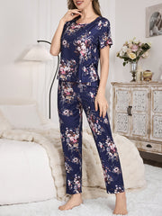 Women's Floral Print Pajama Set with Short Sleeve Crew Neck Top and Elastic Pants