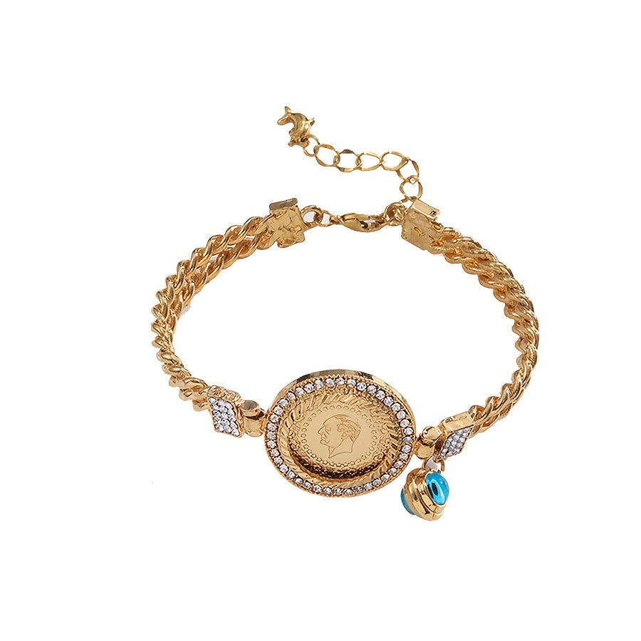 Gold-Plated Copper Bangle with Rhinestones and Evil Eye Motif for Women