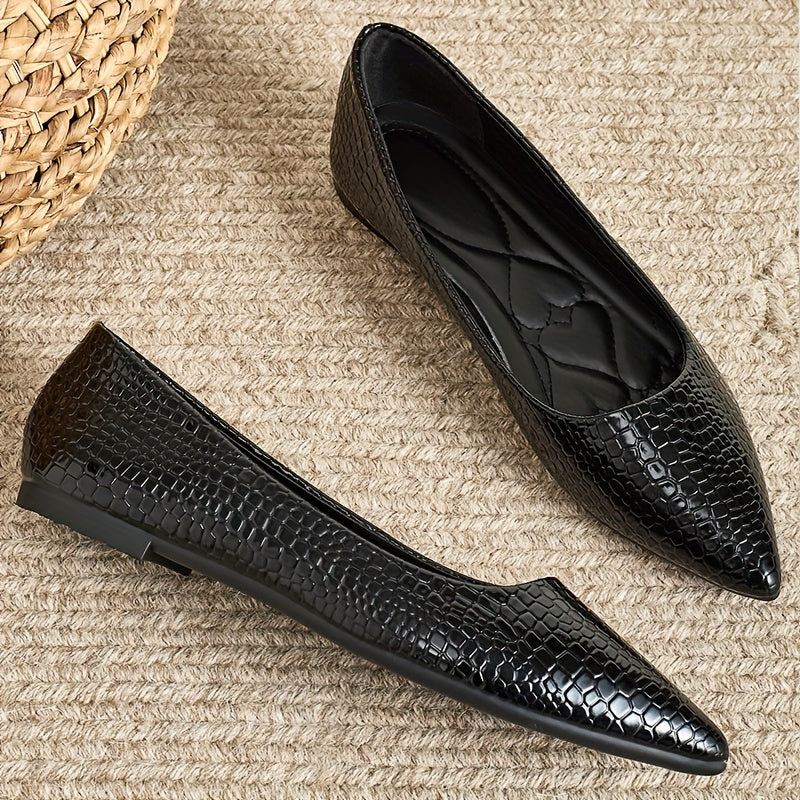 Women's Pointed Toe Flats Black Textured Slip-On Shoes Comfortable Casual Dressy