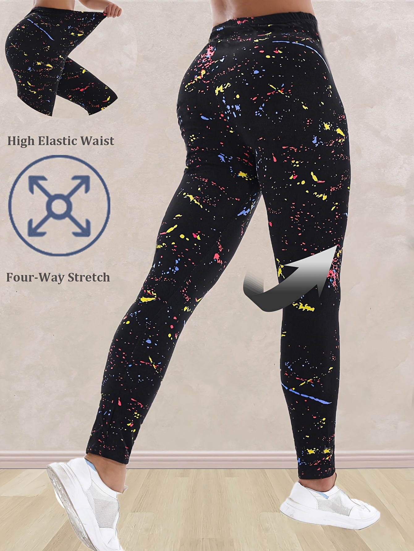 Women's Plus Size Cropped Leggings Black Ink Print High Waist Stretchy Sportswear