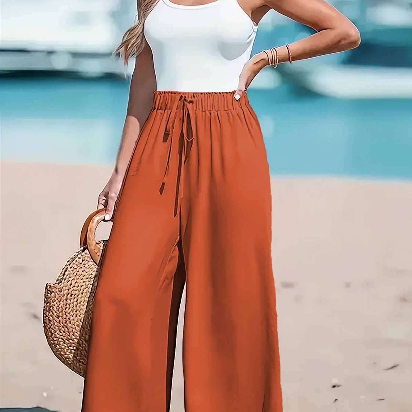 Pantalones de playa casual de pierna ancha para mujer talla plus de color verde esmeralda con cintura elástica