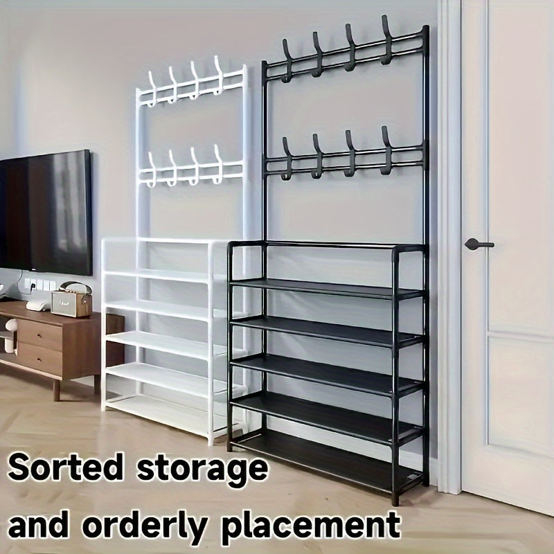 Black Metal Entryway Organizer Coat Rack with Hooks and Shoe Shelves 152.4cm