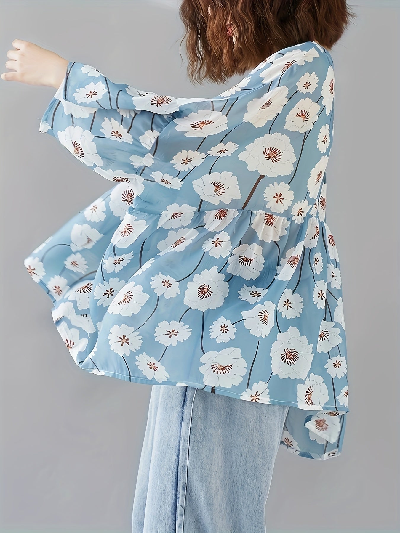 Plus Size Women's Floral Print Chiffon V-Neck T-Shirt Summer Top