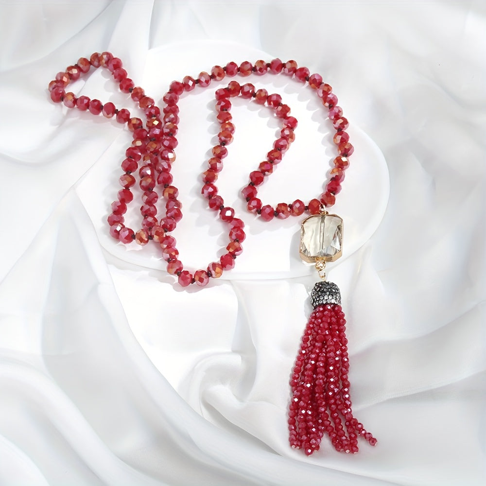 Boho Chic Glass Bead Necklace with Tassel for Women Spring Knotted Design