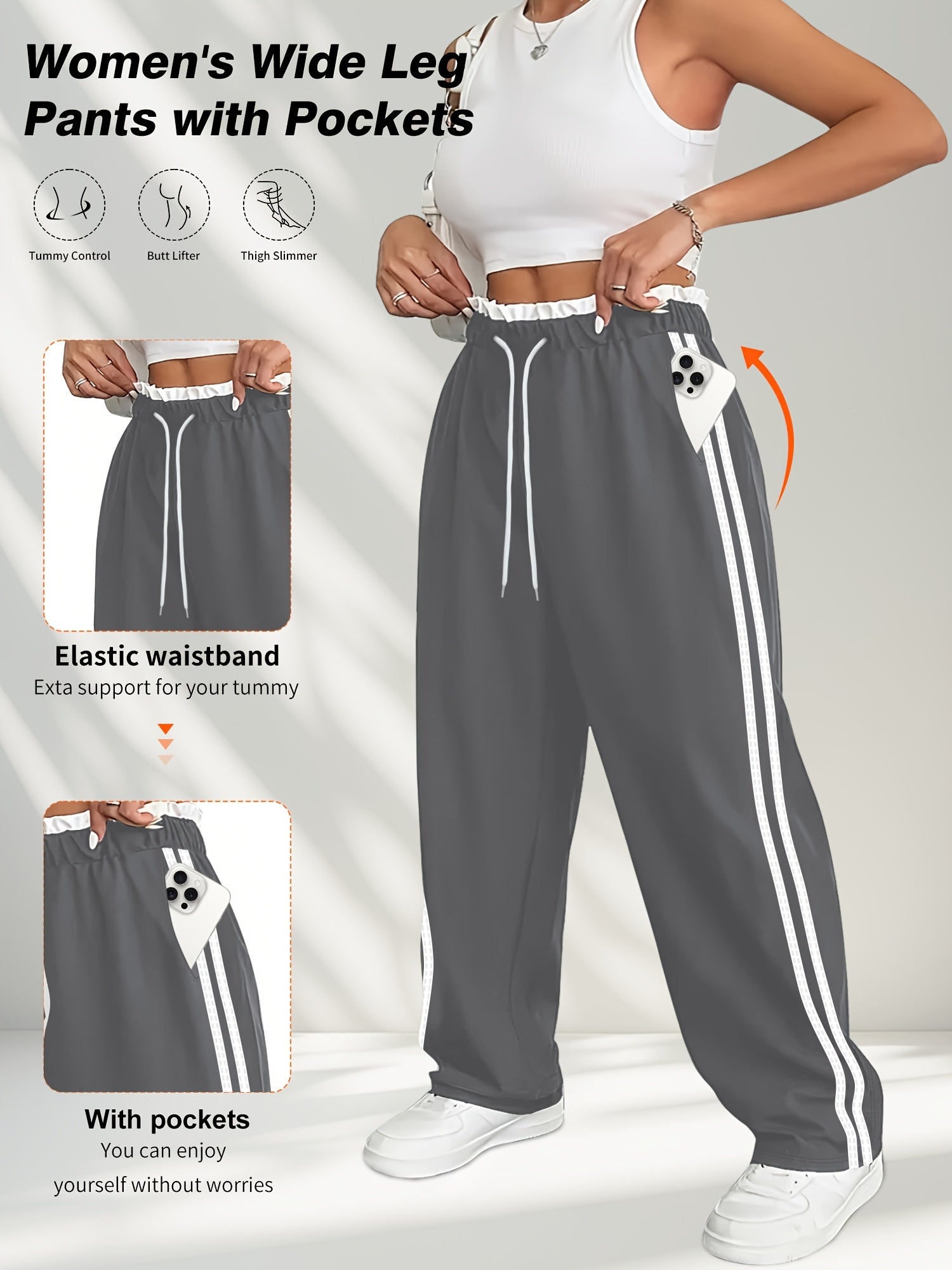 Women's Plus Size High-Waist Striped Joggers with Pockets, 7/8 Length Sports Pants