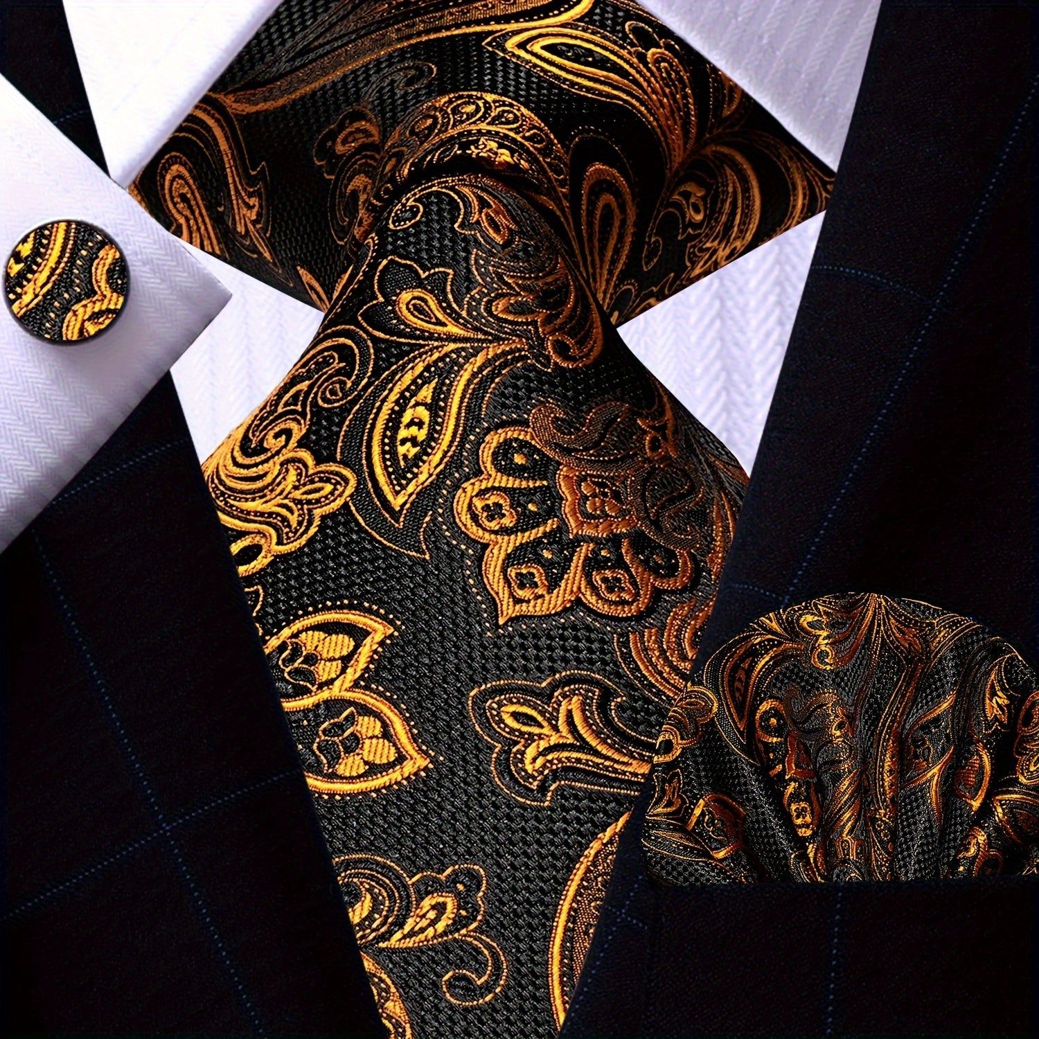 Men's Gold Accessories Set Tie Pocket Square Cufflinks for Weddings Business