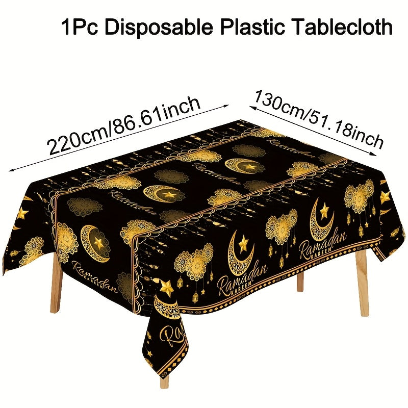 Ramadan Disposable Plastic Tablecloth Black Gold Moon Lantern Star 130x220cm for Eid Al-Fitr and Eid Al-Adha