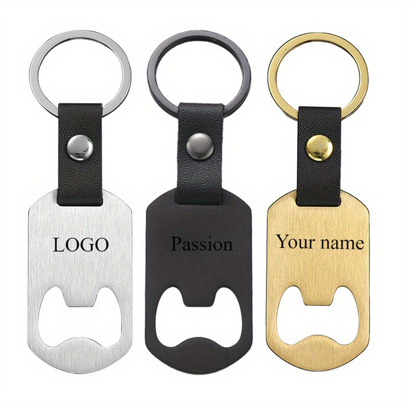 Stainless Steel Keychain with Laser Engraving Leather Bottle Opener and Gold Buckle