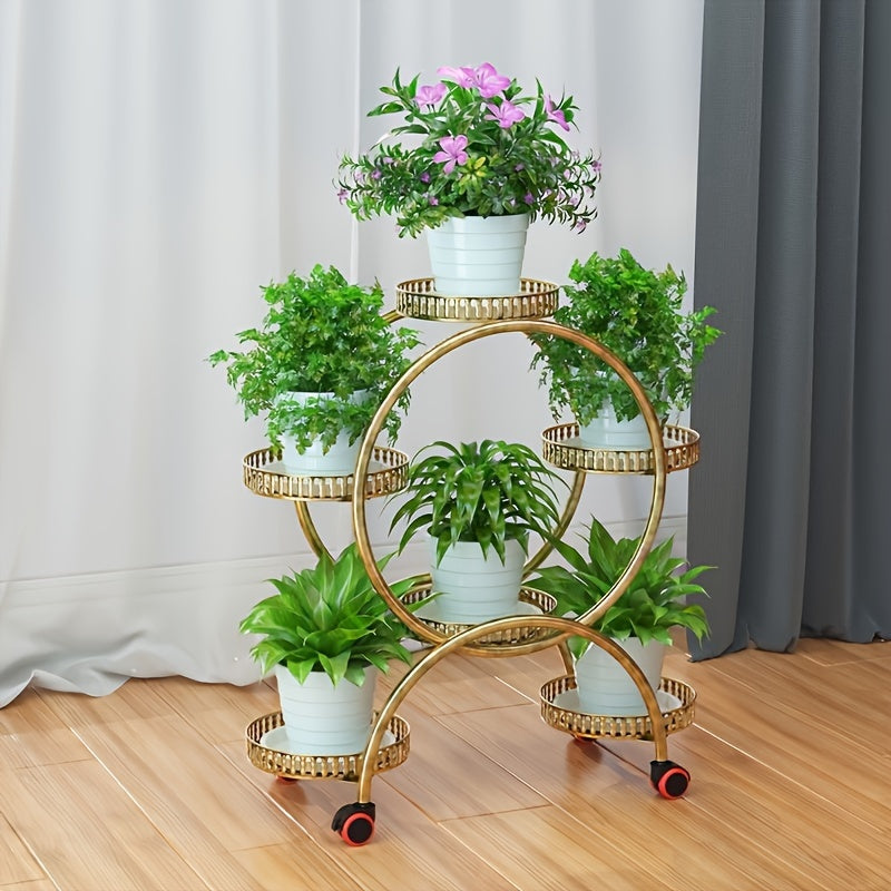 European-Style Metal Hanging Plant Stand with Wheels Multi-Level Indoor Outdoor Circular Design