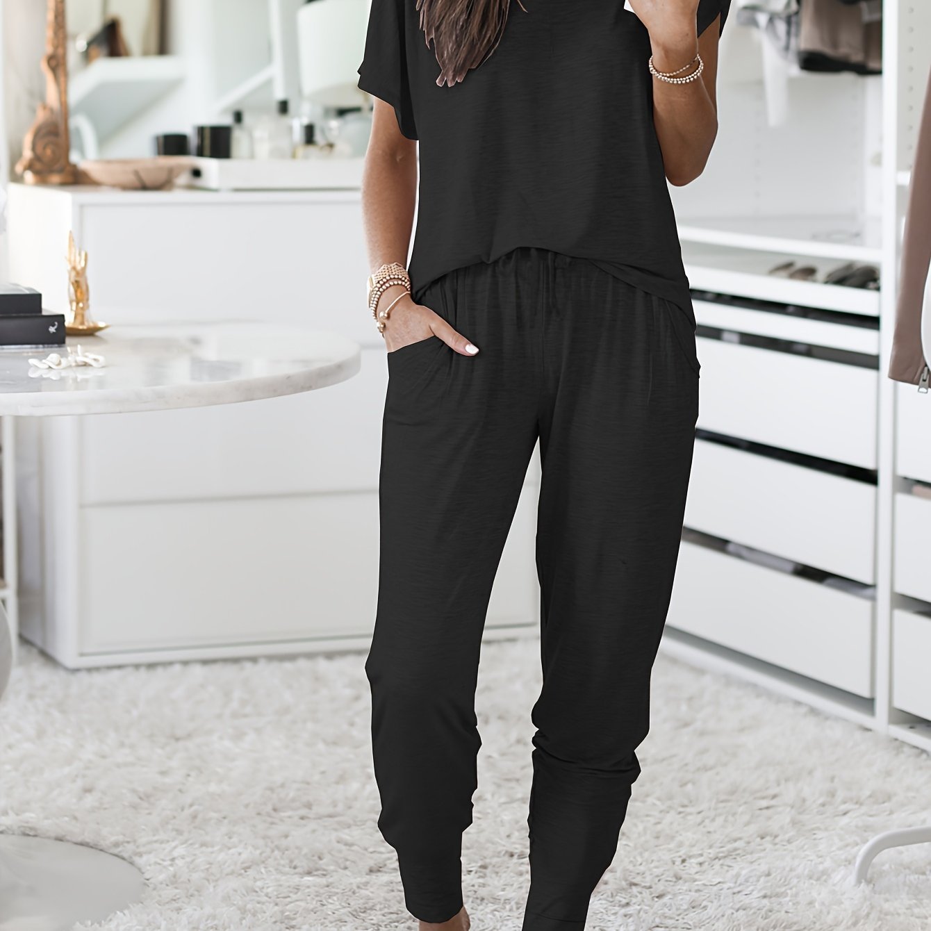 Pink Women's Loungewear Set Short Sleeve Top Long Pants Polyester Blend Pockets All-Season