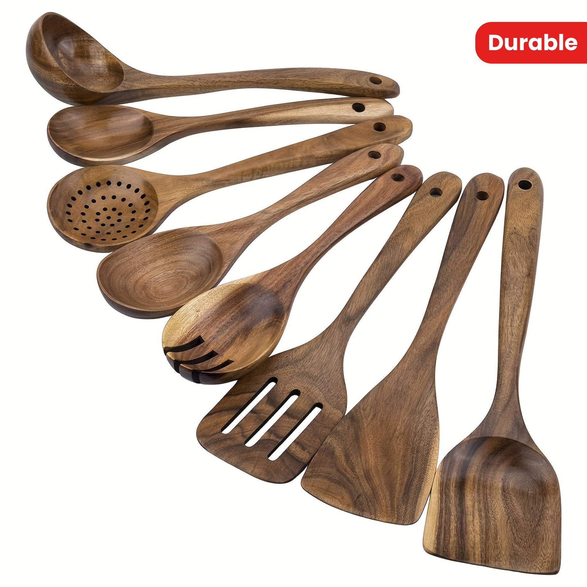 Set of 8 Acacia Wooden Kitchen Utensils Non-Stick Cookware Tools Durable Spoons Spatulas