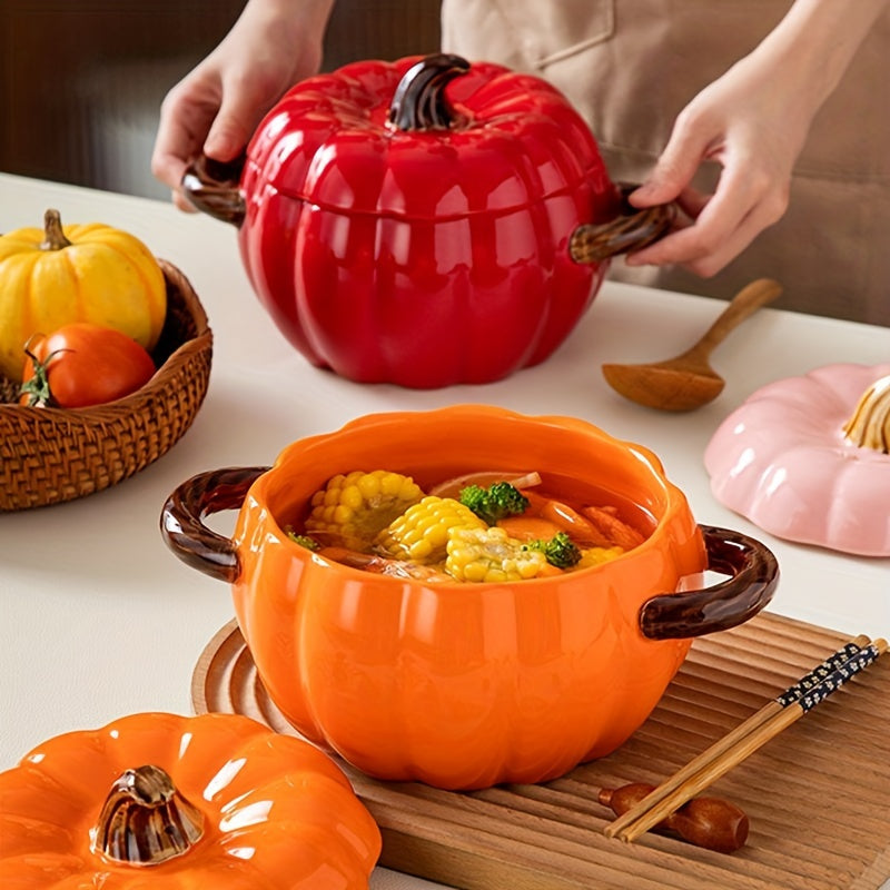 Ceramic Pumpkin-Shaped Soup Pot with Lid and Handles for Stews and Salads