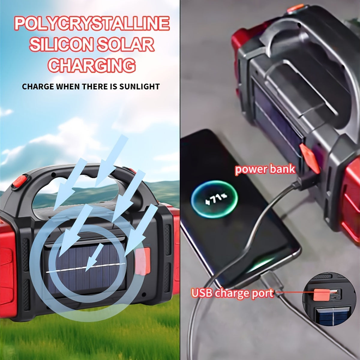 Solar Rechargeable Flashlight Lantern with 1500mAh Battery USB Charging Emergency Light for Camping and Fishing