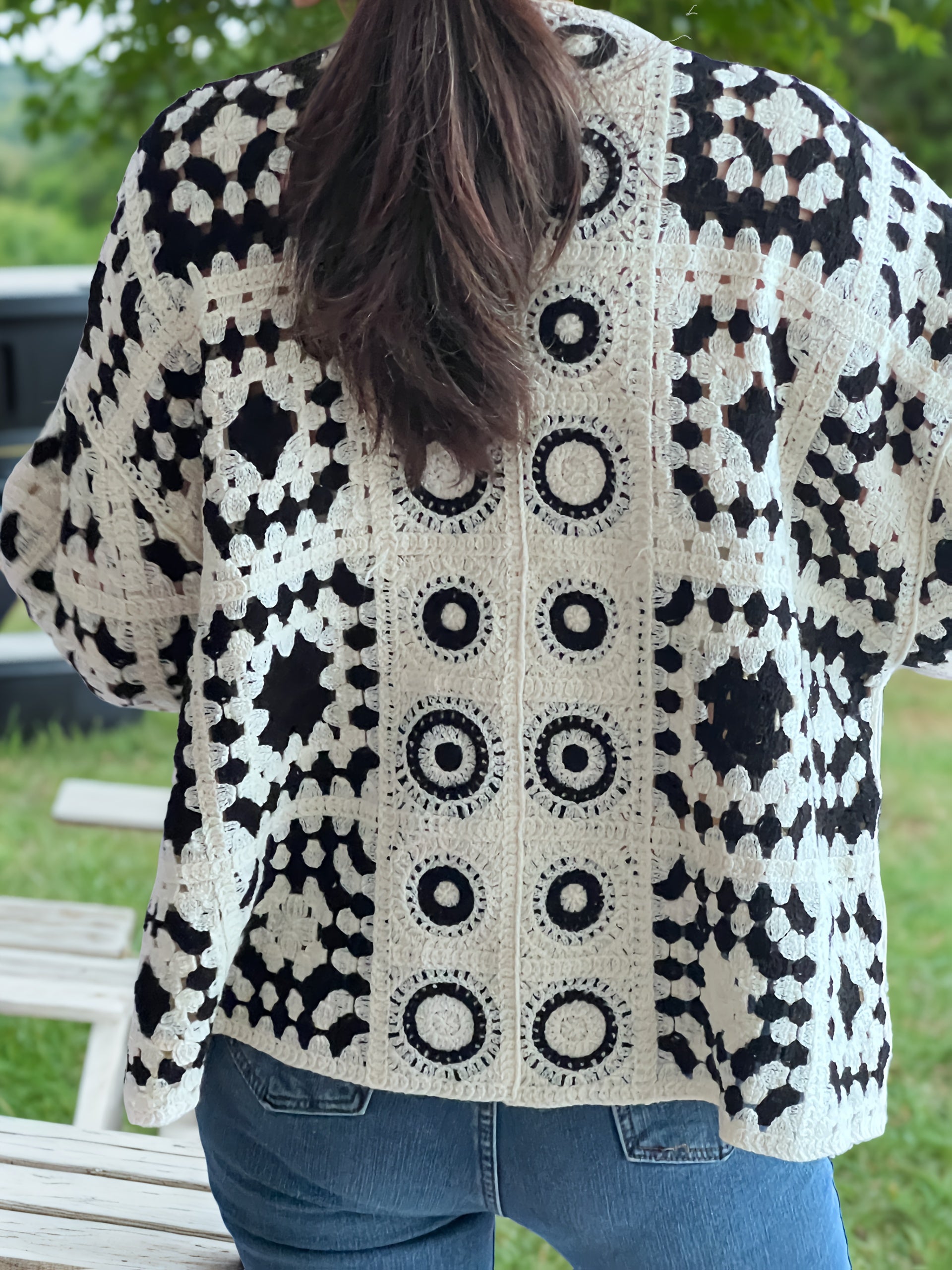 Women's Plus Size Bohemian Cardigan Sweater Black and White Geometric