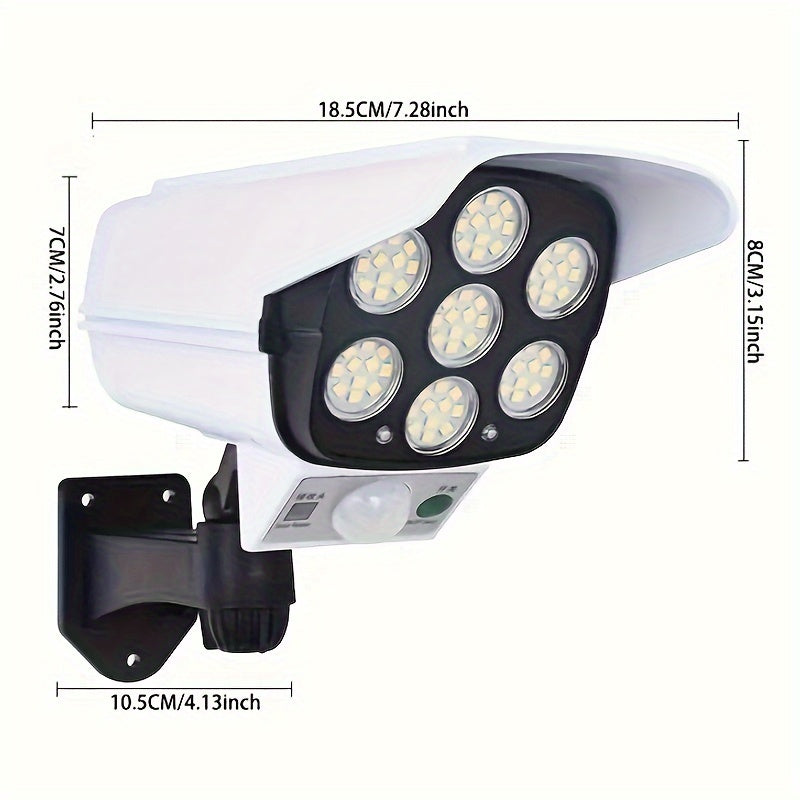 Солнечная уличная лампа с датчиком движения, имитационной камерой и смоделированным наблюдением; 77 светодиодов; датчик человеческого тела; настенный монтаж для улицы