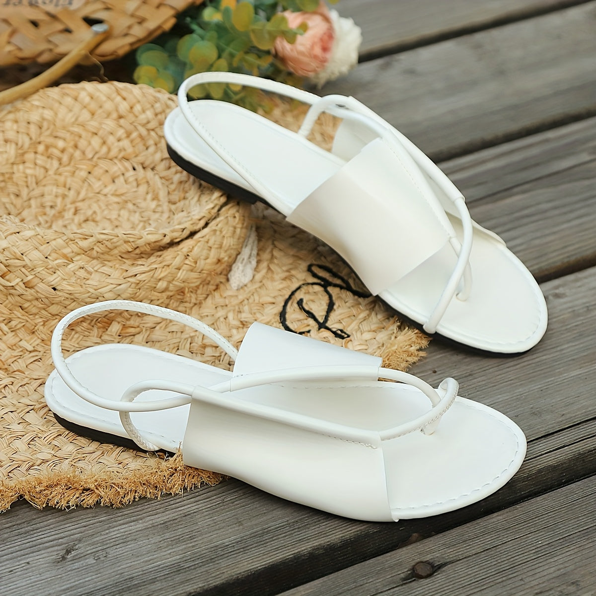 Women's White Flat Sandals Breathable Ankle Strap Casual Summer