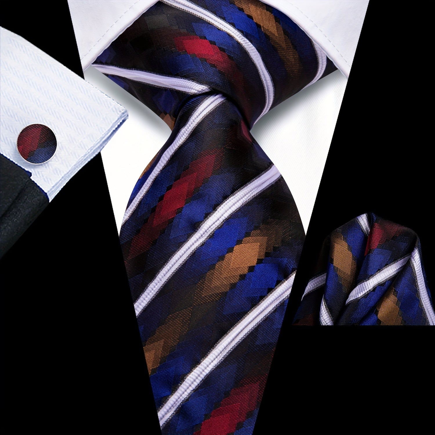 Men's Classic Striped Necktie Set with Cufflinks for Business and Party