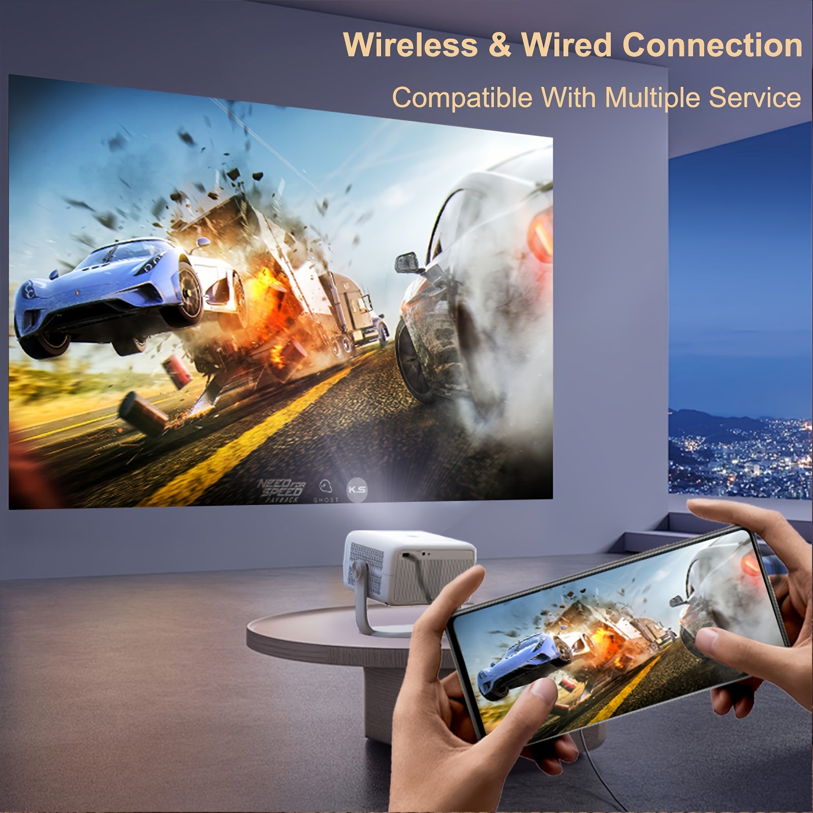 Portable Video Projector White Grey 1080P FHD for Home Theater Ceiling