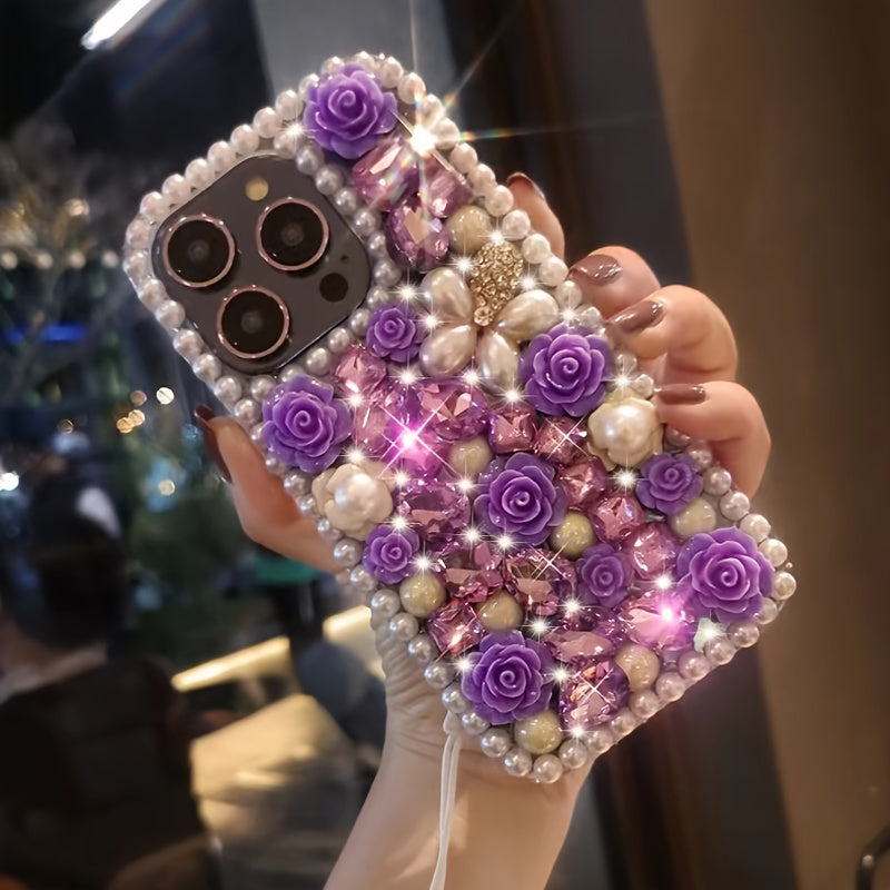 Pearl Frame Crystal Flower Phone Case for iPhone 16 Pro Max with Lanyard and Shockproof TPU