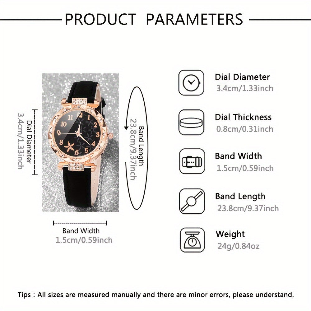 6 ta ayollar moda soatlari va bilakuzuklar to'plami, kvarts, rhinestone, sun'iy charm, gulli qobiq bilan