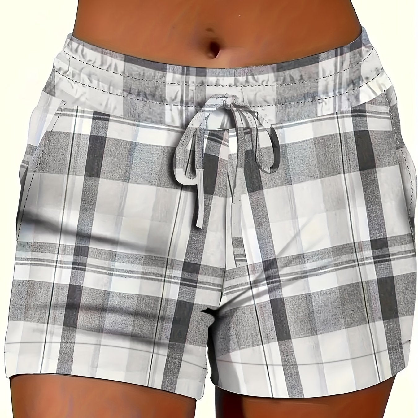 Plus Size Women Casual Summer Plaid Drawstring Shorts