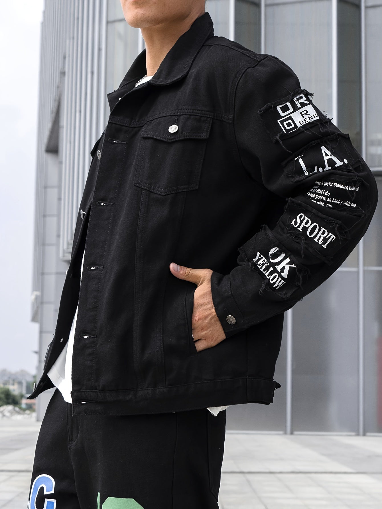 Мужская джинсовая куртка из хлопка с длинными рукавами, повседневный стиль, алфавитный узор, с карманом