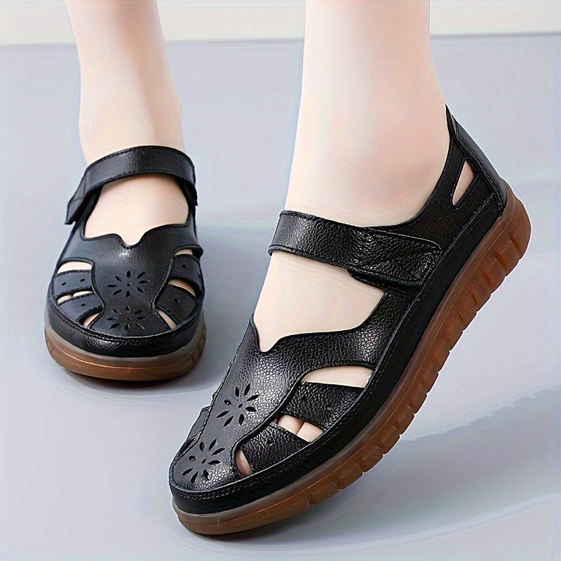 Women's Breathable Leather Sports Sandals with Hook and Loop Fastener and Cut Out Design
