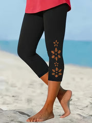 Plus Size Women's Black High-Waisted 7/8 Leggings with Floral Cut-Outs