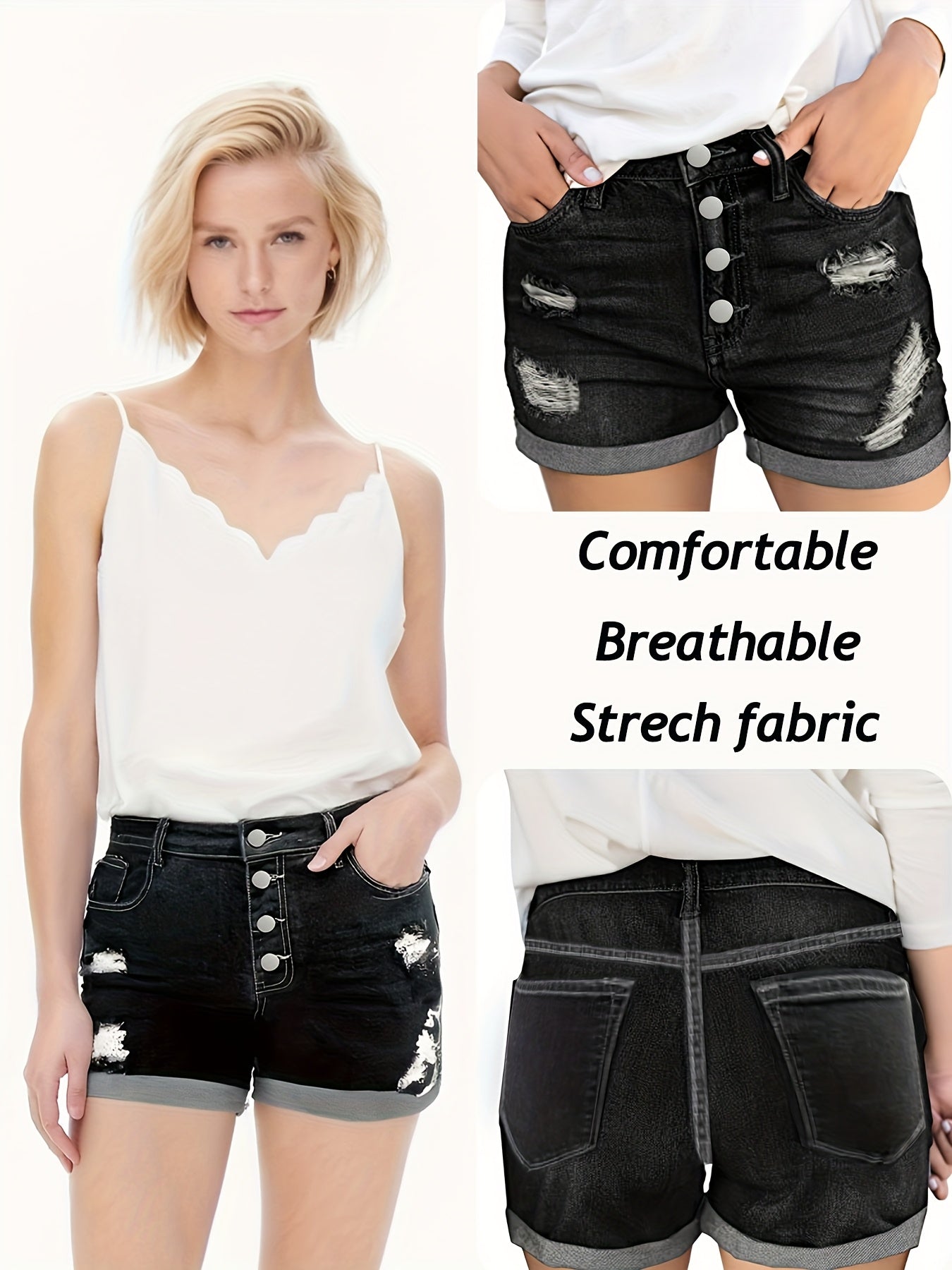 Women's Plus Size Black Distressed Denim Shorts Ripped Rolled Hem